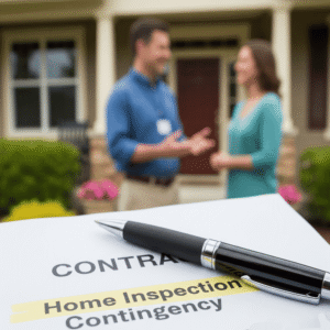 A close-up shot of a contract with a pen resting on it, subtly highlighting the words "Home Inspection Contingency." In the background, slightly blurred, is a friendly home inspector talking to a potential home buyer near a house.